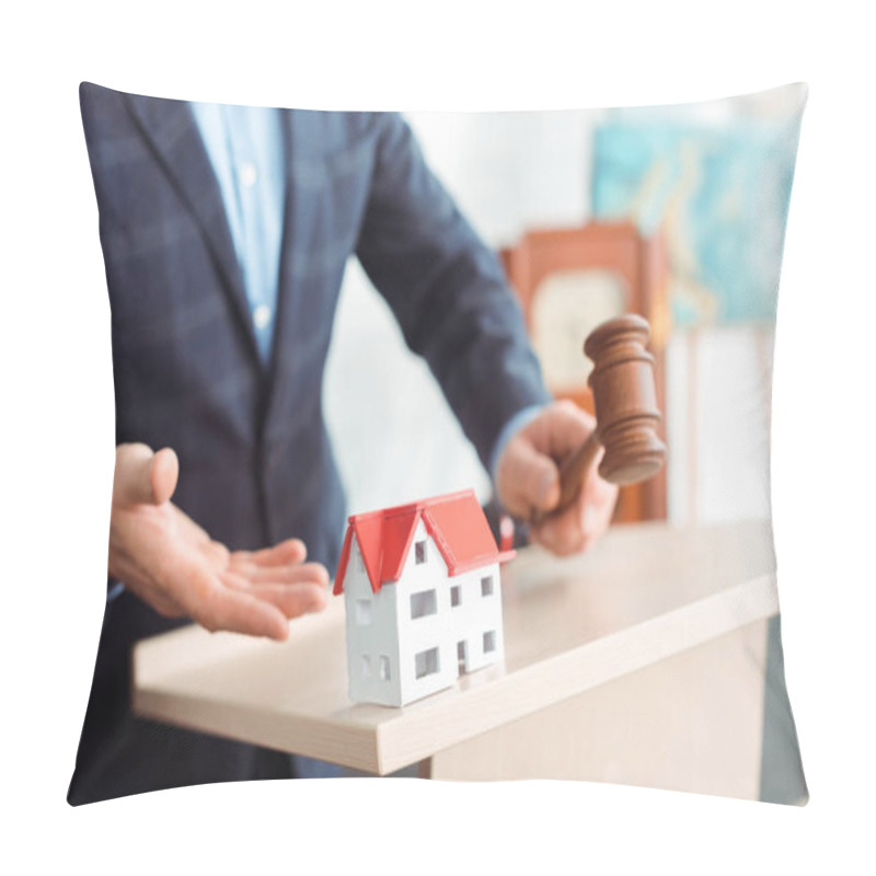 Personality  Cropped View Of Auctioneer Pointing With Hand At Model Of House And Holding Gavel During Auction Pillow Covers