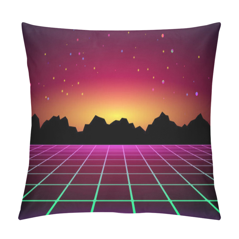 Personality  3D Illustration. Futuristic Perspective Grid Against Cosmic Starry Sky And Sci-fi Neon Landscape 1980s Digital Cyber Surface Style. Pillow Covers