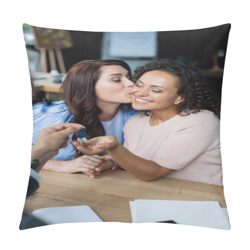 Personality  Lesbian Woman Kissing African American Girlfriend Taking Key From Blurred Real Estate Broker Pillow Covers