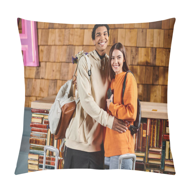 Personality  Happy Diverse Man And Woman Surrounded By Books, Standing Near Luggage And Ready For Next Trip Pillow Covers