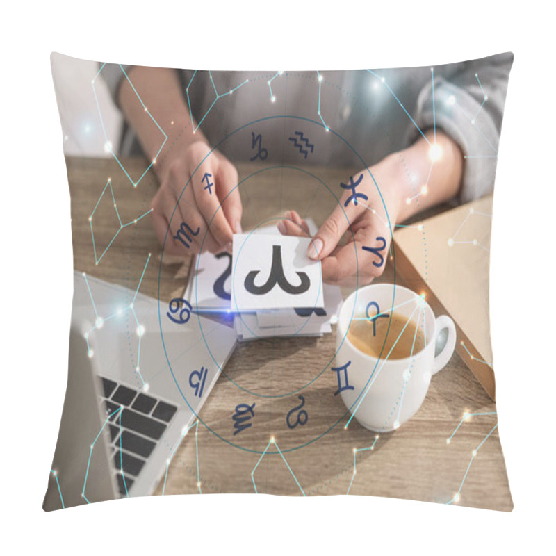 Personality  Cropped View Of Astrologer Holding Cards With Zodiac Signs Beside Constellations Pillow Covers