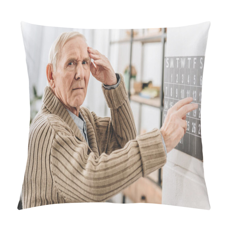 Personality  Senior Man Touching Wall Calendar And Head While Looking At Camera Pillow Covers