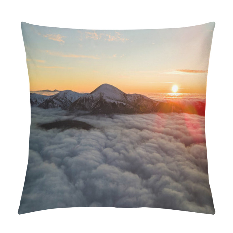 Personality  Aerial View Of Vibrant Sunrise Over White Dense Clouds With Distant Dark Mountains On Horizon. Pillow Covers