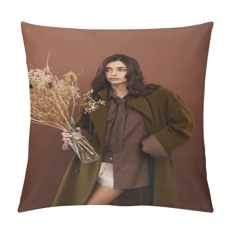 Personality  A Young Woman Poses Elegantly In A Stylish Autumn Look, Holding Dried Flowers Against A Warm Backdrop. Pillow Covers