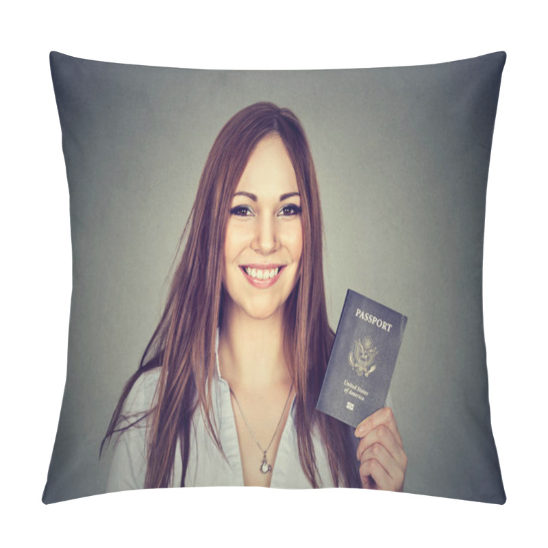 Personality  Attractive Young Happy Woman With USA Passport  Pillow Covers