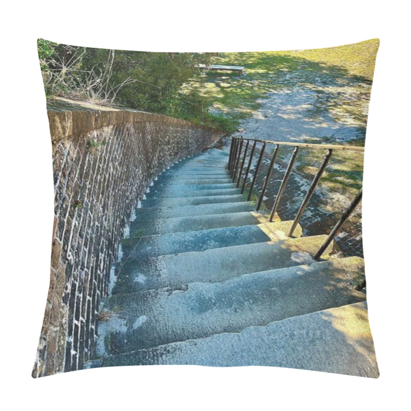 Personality  A Moss-covered Stone Staircase With An Iron Railing Curves Gently Downward At Fort Pickens, Florida. The Blend Of Nature And History Creates A Mood Of Discovery And Quiet Reflection. Pillow Covers