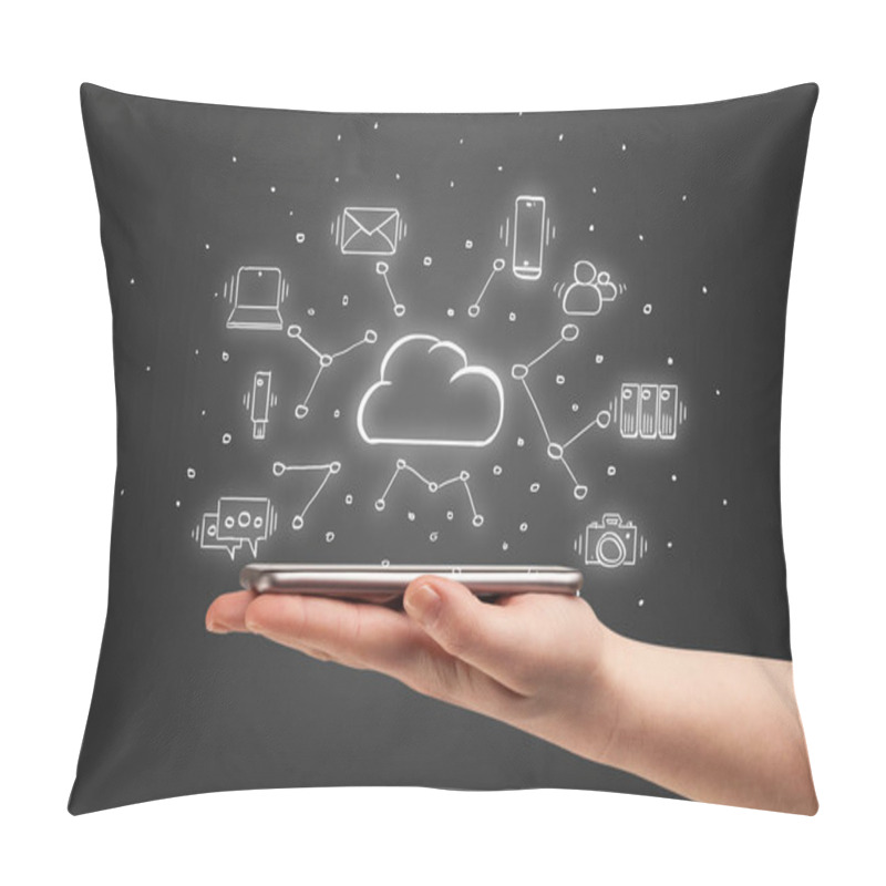 Personality  Hand Working On Phone With Cloud Technology System Concept Pillow Covers