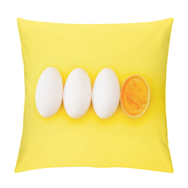 Personality  Top View Of Raw Egg Half Among Whole Eggs On Yellow Background Pillow Covers