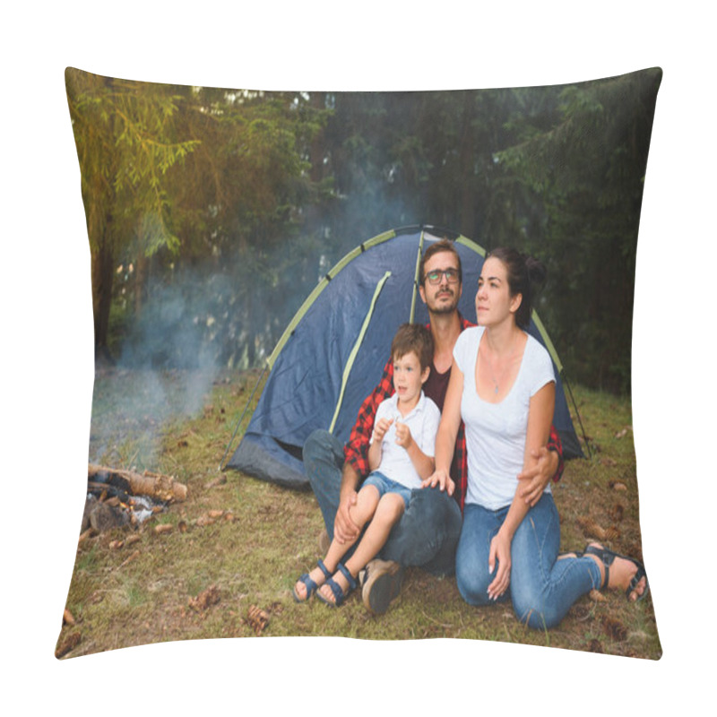 Personality  Camping Holidays. Family Of Three People Camping And Having Fun Time. Pillow Covers