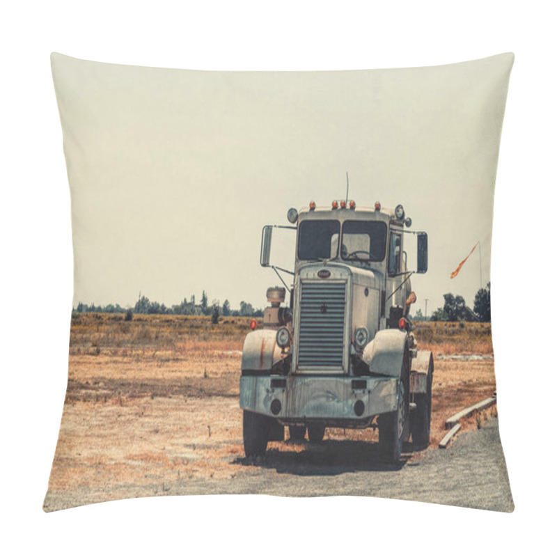 Personality  Lodi, California, USA - June 15, 2017: Old Peterbilt Truck With A Gas Tank On A Background Of Old Rural Barns And Dry Fields In Lodi, California, USA. Traditional American Rural Landscape Pillow Covers