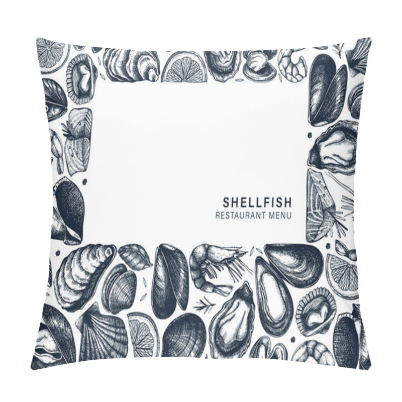 Personality  Vector Seafood A 4 Menu Design. Hand Drawn Fish, Shellfish, Shri Pillow Covers