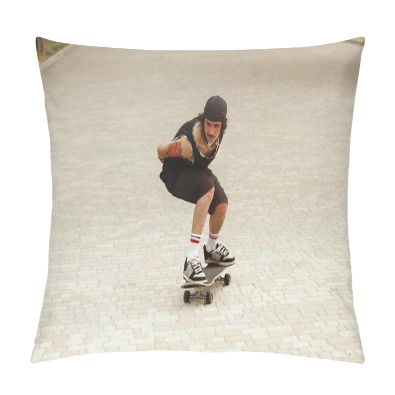 Personality  Skateboarder Doing A Trick At The Citys Street In Cloudly Day Pillow Covers