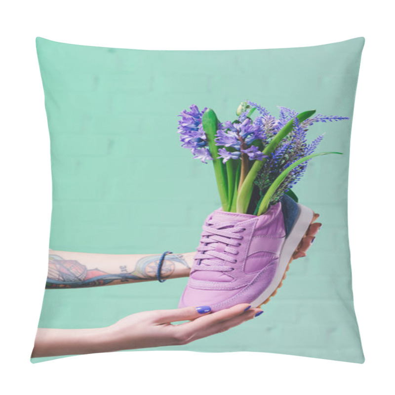 Personality  Cropped Image Of Girl Holding Shoe With Hyacinth Flowers Pillow Covers