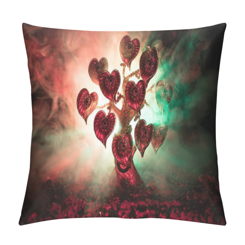 Personality  Abstract Field With Tree And Hearts On It Behind Dark Foggy Toned Sky. Love Tree Of Dreams. Valentine Concept Background Pillow Covers