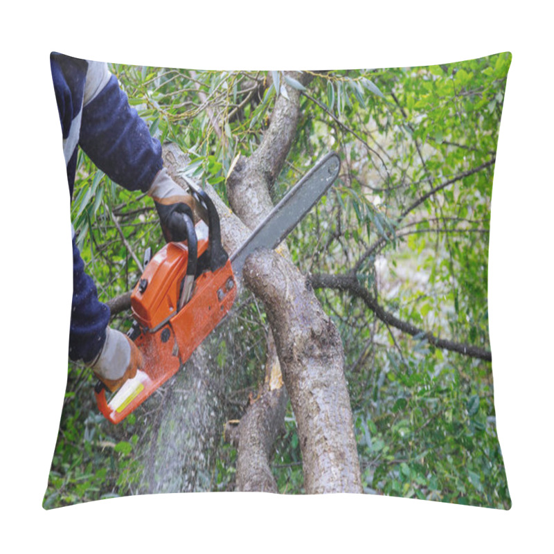 Personality  Broken The Trunk Tree After A Hurricane Of Man Is Cutting A Tree With A Chainsaw Pillow Covers