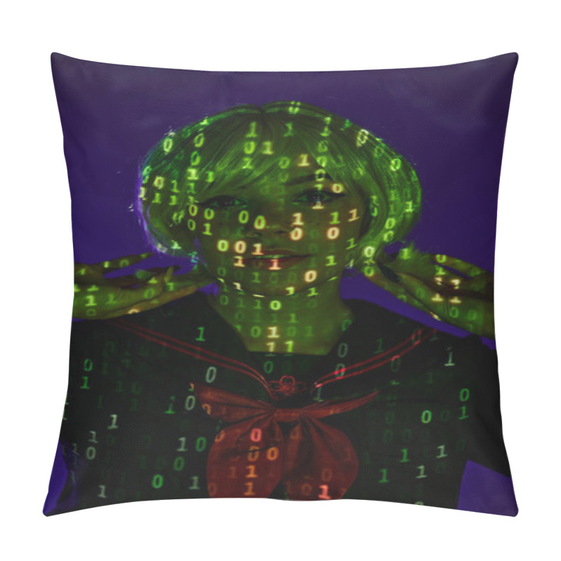 Personality  Young Anime Style Woman In Neon Binary Code Projection On Blue Backdrop, Futuristic Concept Pillow Covers