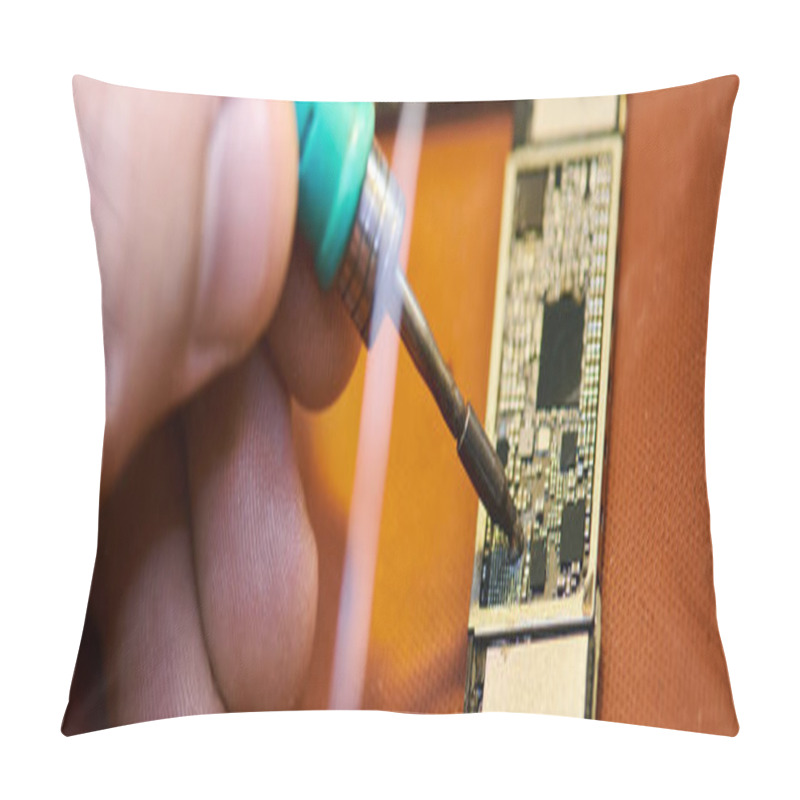 Personality  Cropped View Of Skilled Technician Soldering Electronic Chipset In Repair Shop, Horizontal Banner Pillow Covers