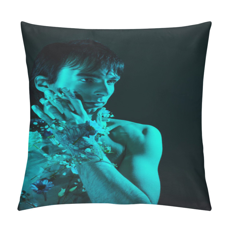 Personality  Shirtless Man Surrounded By Blooming Flowers Posing In Studio With Blue Light Pillow Covers