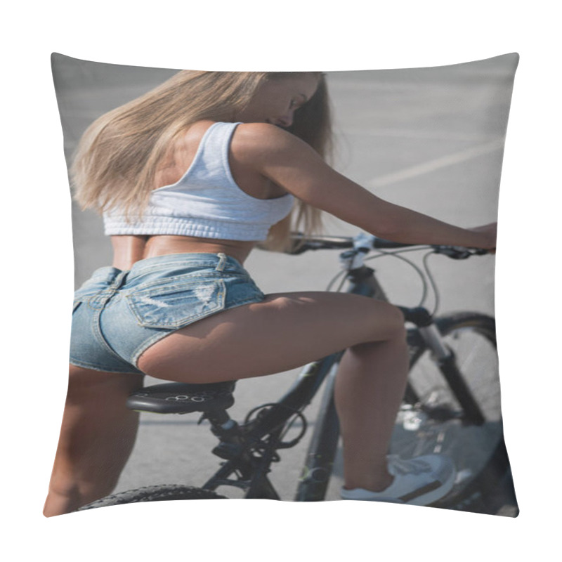 Personality  Caucasian Woman In Short Shorts Rides A Bike On A Hot Summer Day Pillow Covers