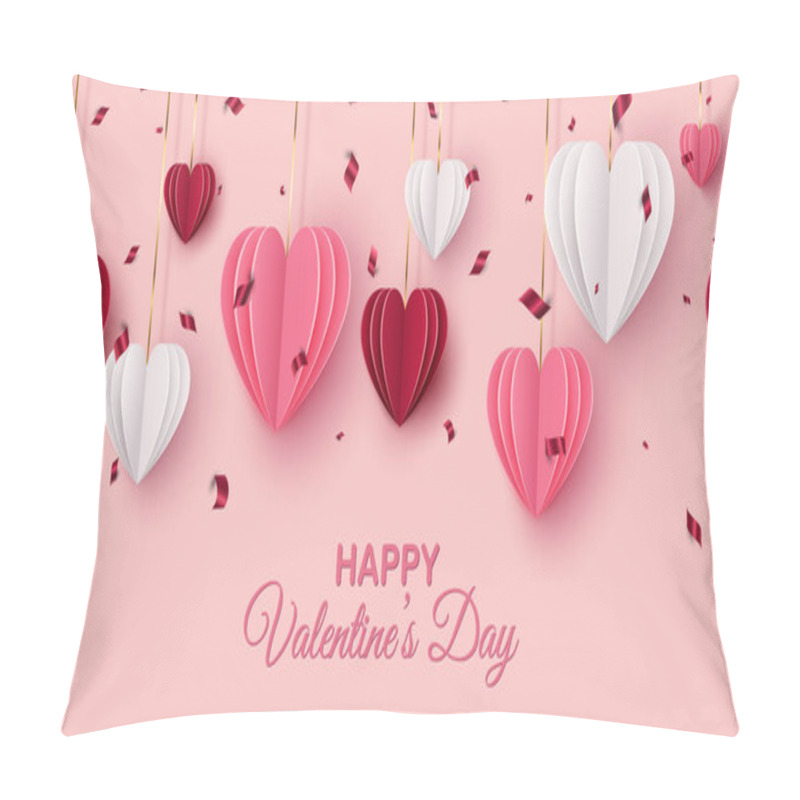 Personality  Happy Saint Valentine's Day Web Banner. Hanging Red, Pink, White Paper Cut Hearts On Blush Background. Decorative Holiday Banner, Festive Poster, Romantic Flyer. Vector Illustration Pillow Covers