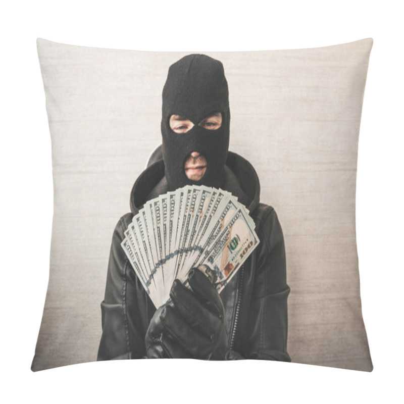 Personality  Close Up Portrait Of Sneaky Burglar With Black Mask And Gloves Counting Money On White Background. Focus On Money. Pillow Covers