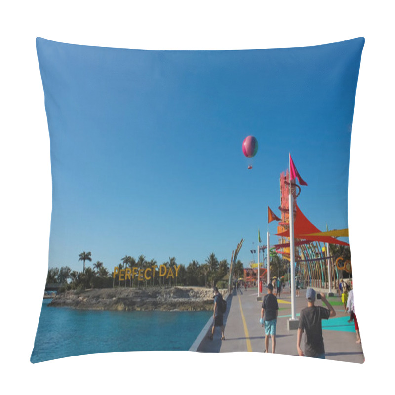 Personality  Coco Cay, Bahamas - April 29, 2022: People Going To Island From Ship Docked In Cococay, The Private Island Post That's Owned By The Royal Caribbean Cruise Line Where Guests Can Spend Day Having Fun. Pillow Covers