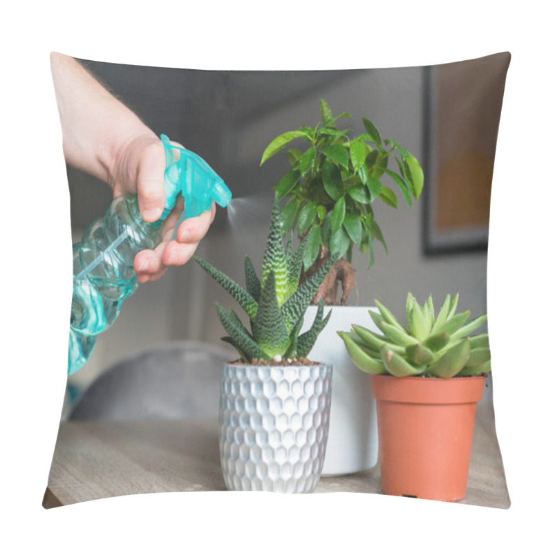 Personality  A Man Sprays Houseplants With Water. Hobby, Men's Housework. Close-up Pillow Covers