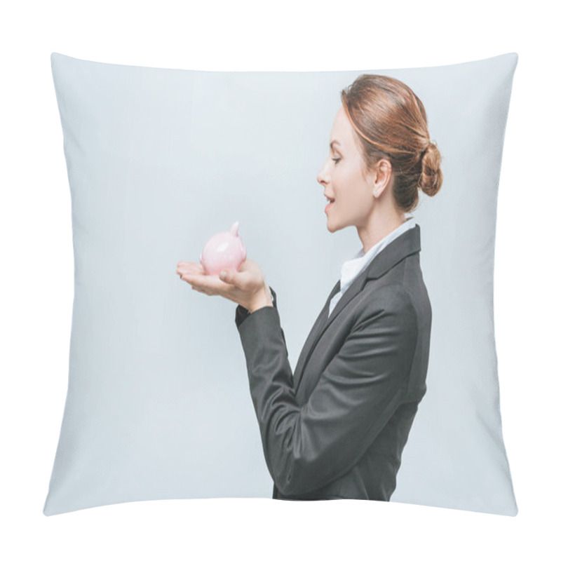 Personality  Side View Of Attractive Financier Holding Piggy Bank Isolated On Grey Pillow Covers