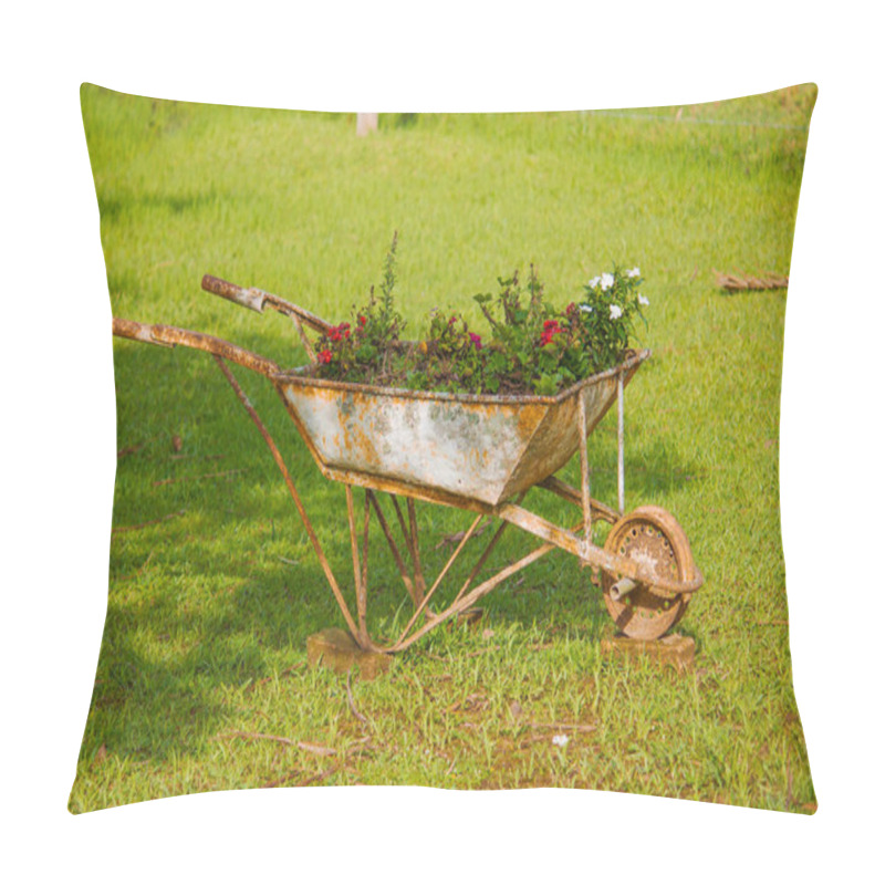 Personality  An Old Metal Wheelbarrow Repurposed As A Planter, Adorned With Atlantic Forest Flowers, Showcasing Creative Recycling. Pillow Covers