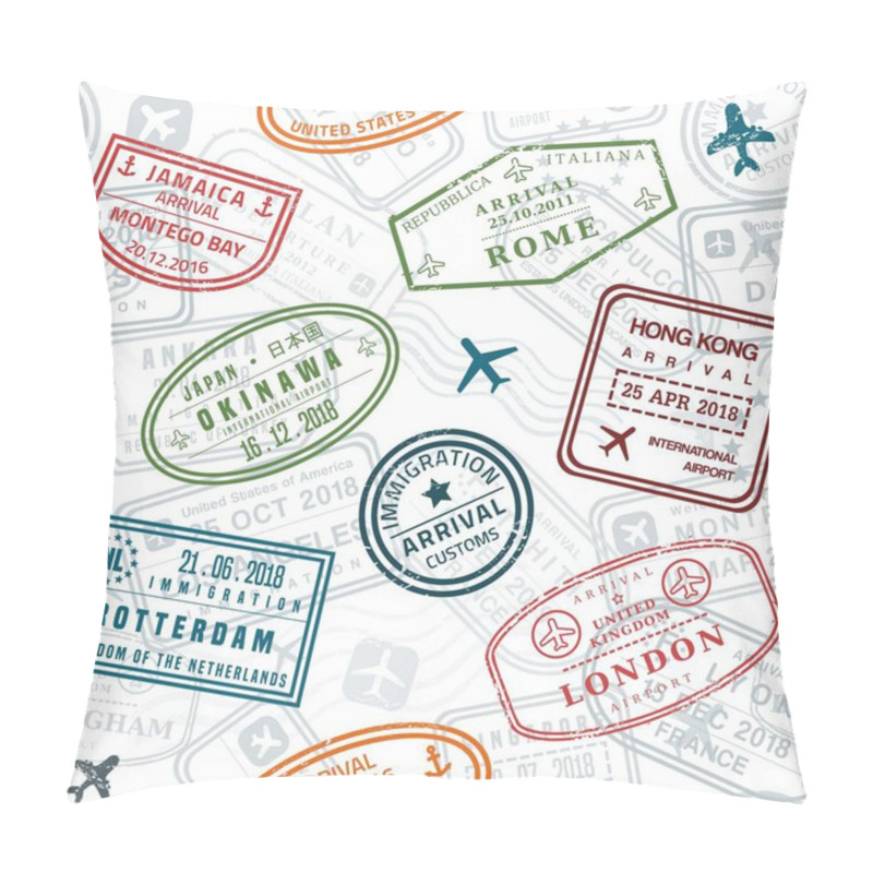 Personality  Wanderlust Background. Passport Stamps Vector Seamless Pattern - Travel Stamp Theme (fictitious Stamps). Pillow Covers