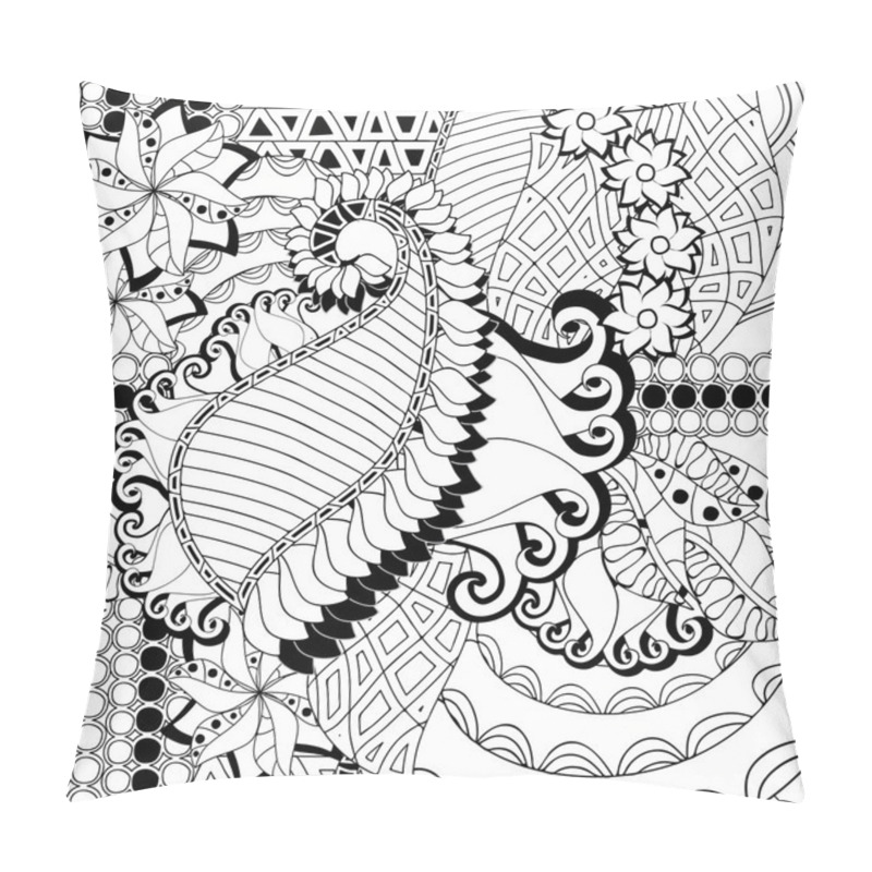 Personality  Stock Vector Seamless Abstract Monochrome Doodle Flower And Wave Pillow Covers