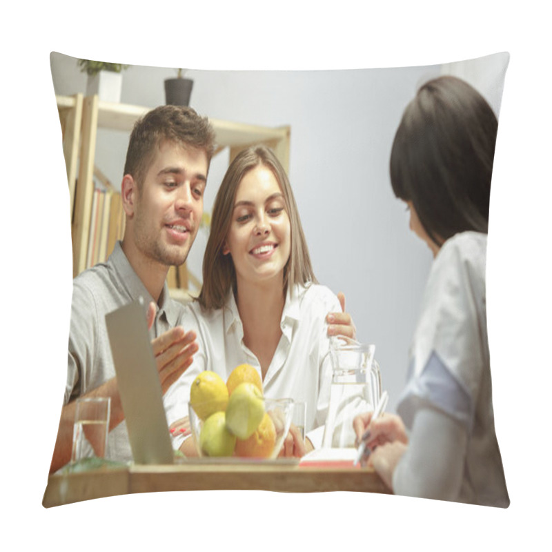 Personality  Smiling Nutritionist Showing A Healthy Diet Plan To Patient Pillow Covers