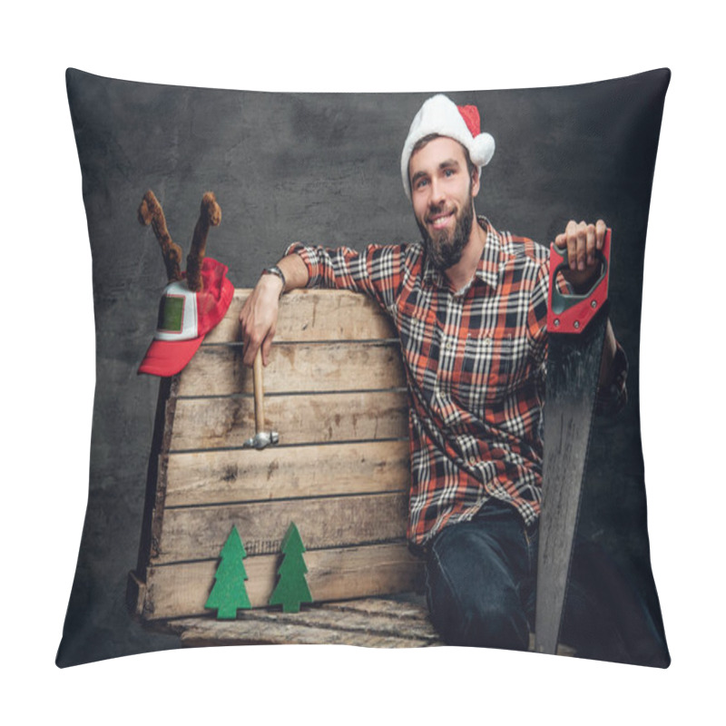 Personality  Bearded Carpenter Man In Santa's Hat  Pillow Covers