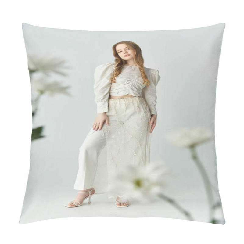 Personality  Woman In A Delicate Outfit Surrounded By Beautiful Flowers Exuding Natural Charm. Pillow Covers