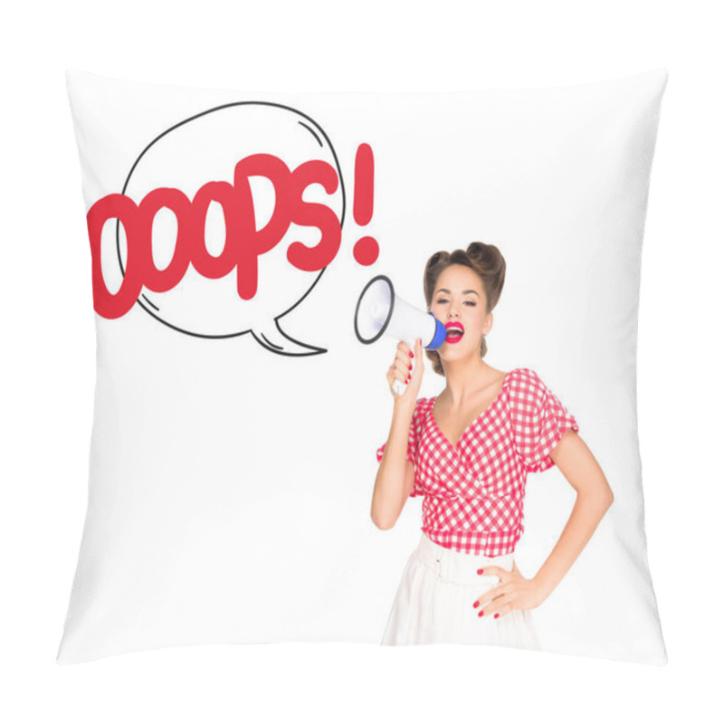 Personality  Portrait Of Fashionable Young Woman In Pin Up Style Clothing With Oops Speech Bubble Out Of Loudspeaker Isolated On White Pillow Covers