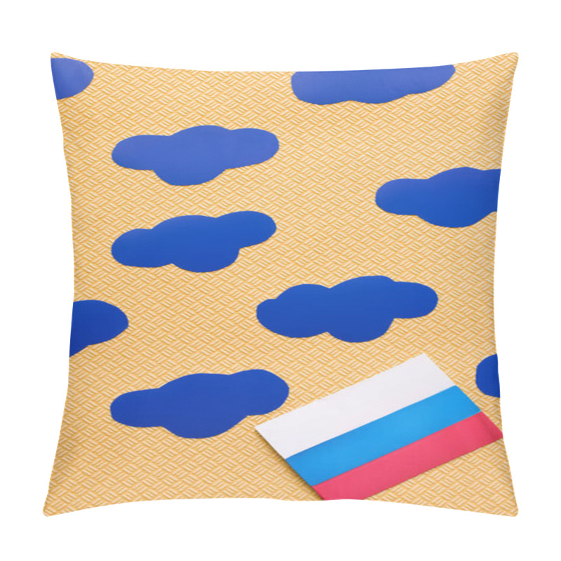 Personality  Top View Of Russian Flag And Paper Clouds On Textured Yellow Background, War In Ukraine Concept  Pillow Covers