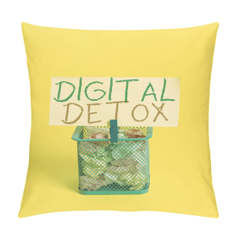 Personality  Handwriting Text Digital Detox. Concept Meaning Free Of Electronic Devices Disconnect To Reconnect Unplugged Trash Bin Crumpled Paper Clothespin Empty Reminder Office Supplies Yellow. Pillow Covers