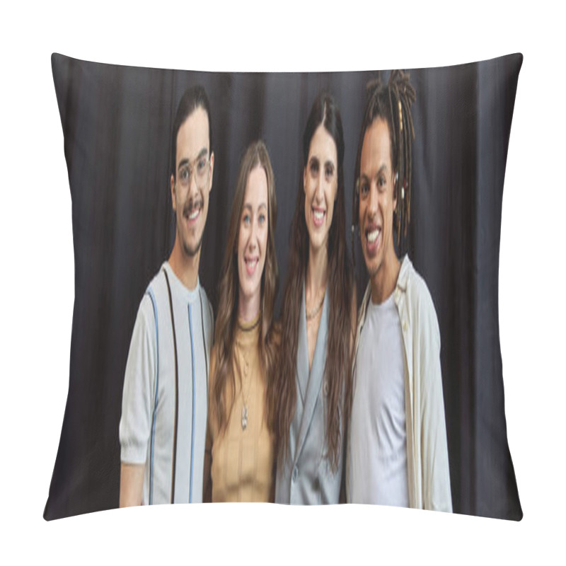 Personality  Cheerful Multiethnic Startup Team In Casual Attire Standing Near Black Drape In Office, Banner Pillow Covers