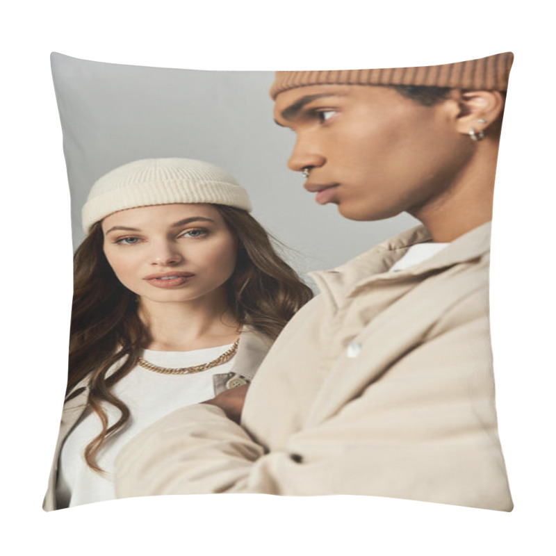 Personality  A Fashionable Couple Displays Vibrant Autumn Outfits, Exuding Style And Warmth Together. Pillow Covers