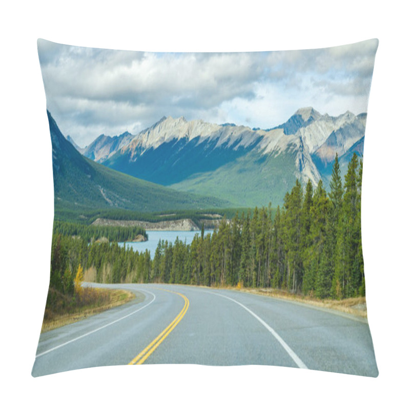 Personality  Rural Road In The Forest With Mountains In The Background. Alberta Highway 11 (David Thompson Hwy) Along The Abraham Lake Shore. Jasper National Park, Canada. Pillow Covers