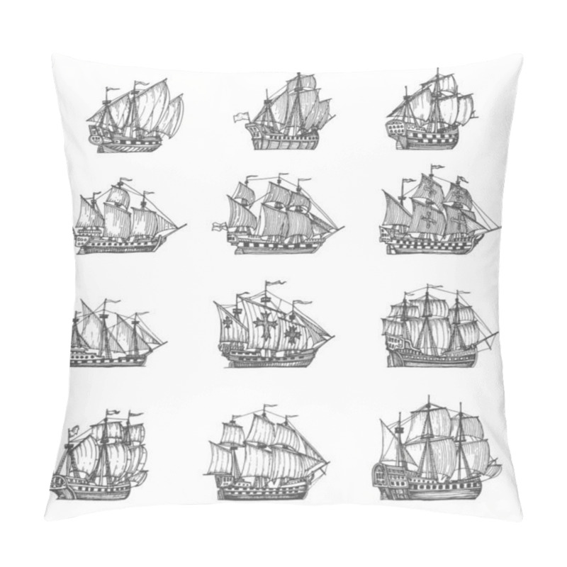 Personality  Vintage Pirate Sail Ships And Sailboats. Medieval Caravel, Frigate Vessel Sketches. Ancient Geographical Map Element, Treasure Hunt And Nautical Travel Adventure Engraved Vector Icons With Galleons Pillow Covers