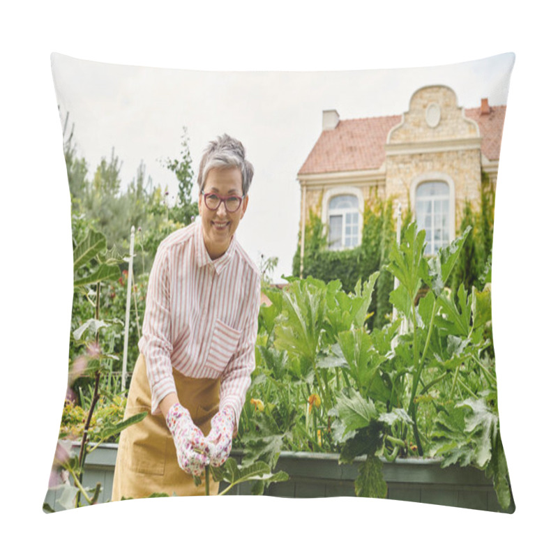 Personality  Cheerful Mature Woman With Glasses Taking Care Of Her Vegetables In Garden And Looking At Camera Pillow Covers