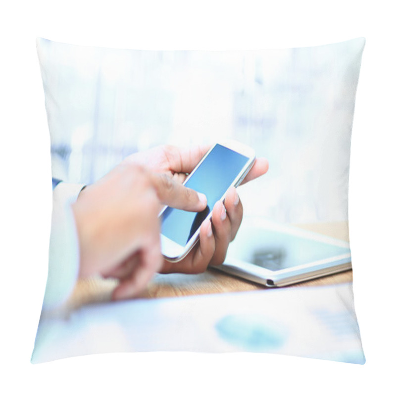 Personality  Young Businessman Working With Modern Devices, Digital Tablet Computer And Mobile Phone. Pillow Covers