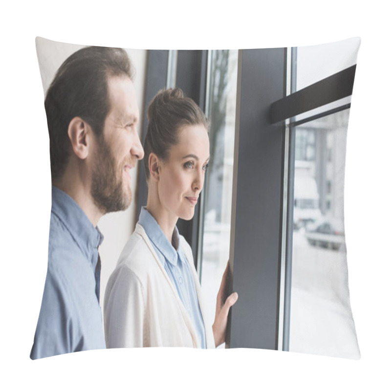 Personality  Side View Of Smiling Couple Looking Out Window Together Pillow Covers