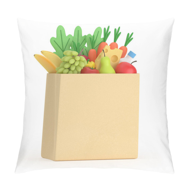 Personality  Grocery Set. Products For Healthy Nutrition For Weight Loss In Paper Packaging. Vegetarian Food. A Bag Of Fresh Fruits And Vegetables. 3d Rendering. Pillow Covers