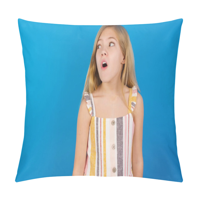 Personality  Shocked Caucasian Kid Girl Wearing Dress Against Blue Wall Look Empty Space With Open Mouth Screaming: Oh My God! I Can't Believe This. Pillow Covers