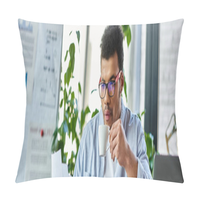 Personality  Focused Individual Enjoys Coffee While Analyzing Important Papers In A Well Lit Workspace. Pillow Covers