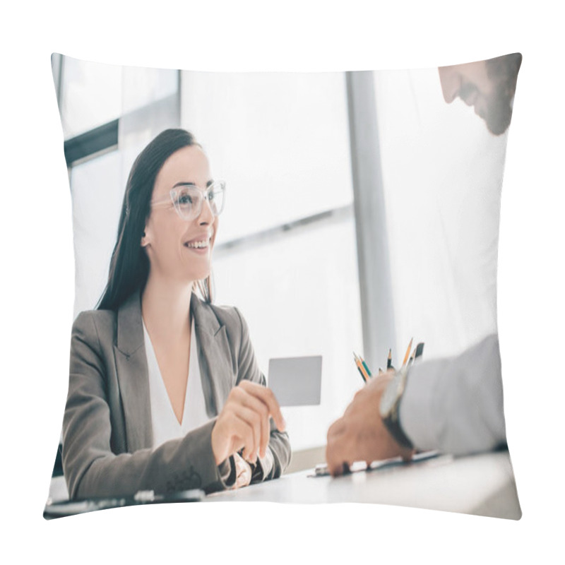 Personality  Smiling Patient Giving Id Card To Doctor To Fill Insurance Claim Form In Hospital Pillow Covers