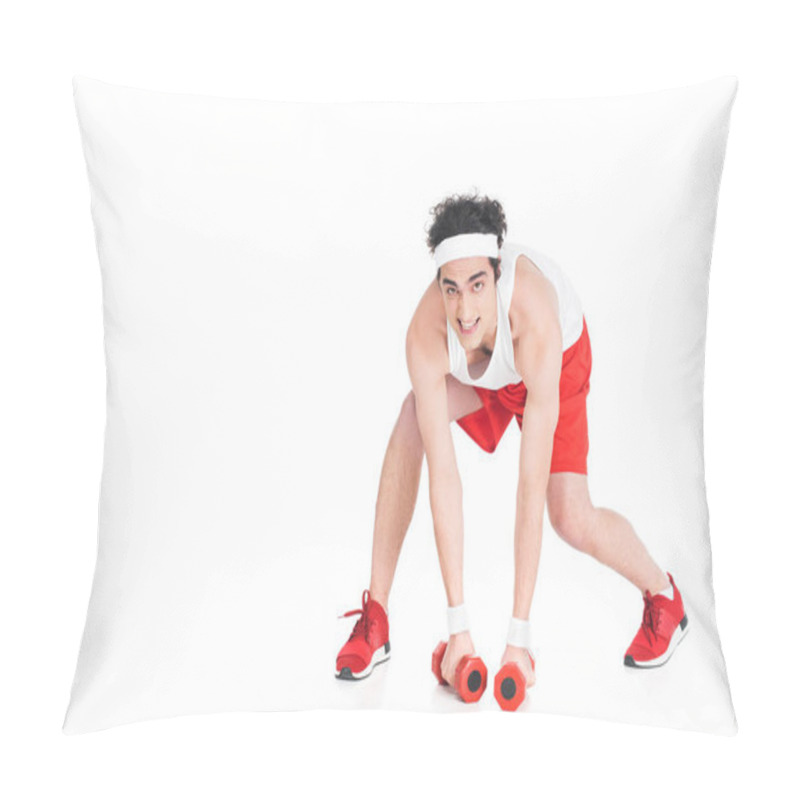 Personality  Young Skinny Man In Jogger Shoes And Shorts With Dumbbells Isolated On White Pillow Covers