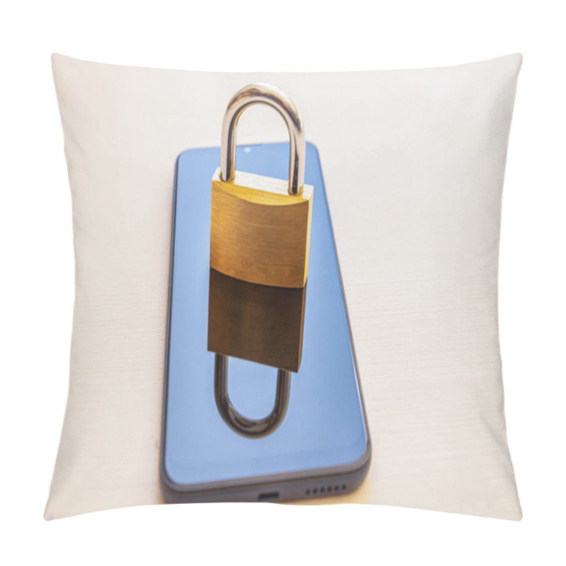 Personality  Smartphone Placed On A White Surface, With A Padlock On It. Security And Inviolability Of Electronic Devices And Protection Of Their Data. Pillow Covers